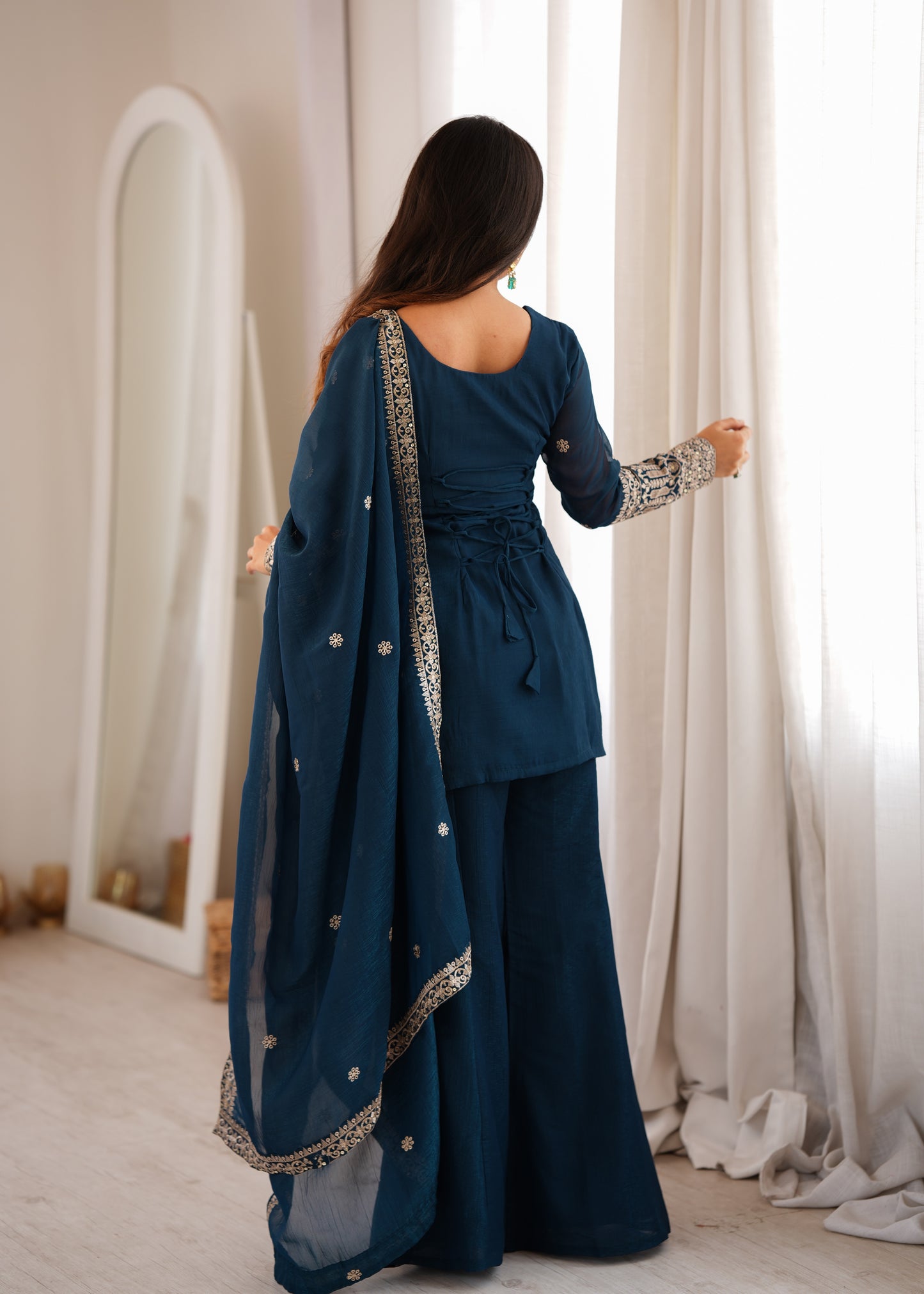 Crunchy Silk Embroidered Kurta with Bell Bottom Pant & Dupatta