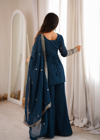 Crunchy Silk Embroidered Kurta with Bell Bottom Pant & Dupatta