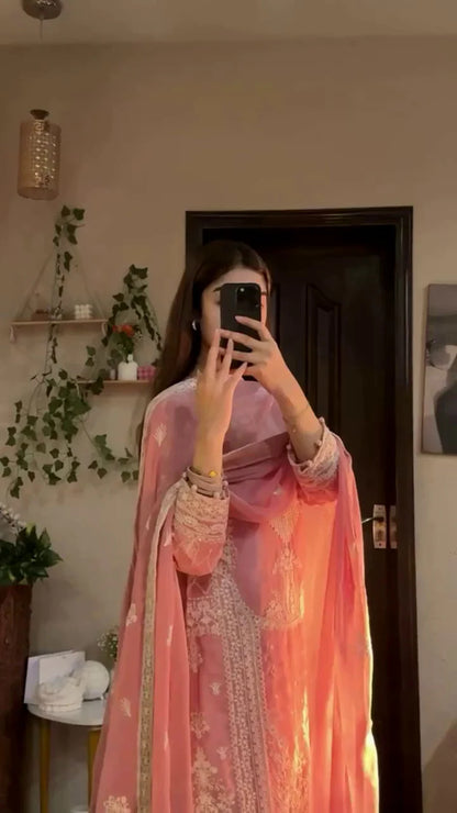 Peach Embroidered Kurta Palazzo Set with Dupatta – Elegant Festive Wear