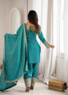 Party Wear NC Vichitra Silk Farshi Shalwar Set with Lace Dupatta