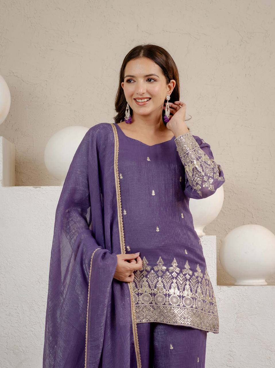 Graceful Sequin Embroidered Crunchy Silk Kurta Palazzo Set