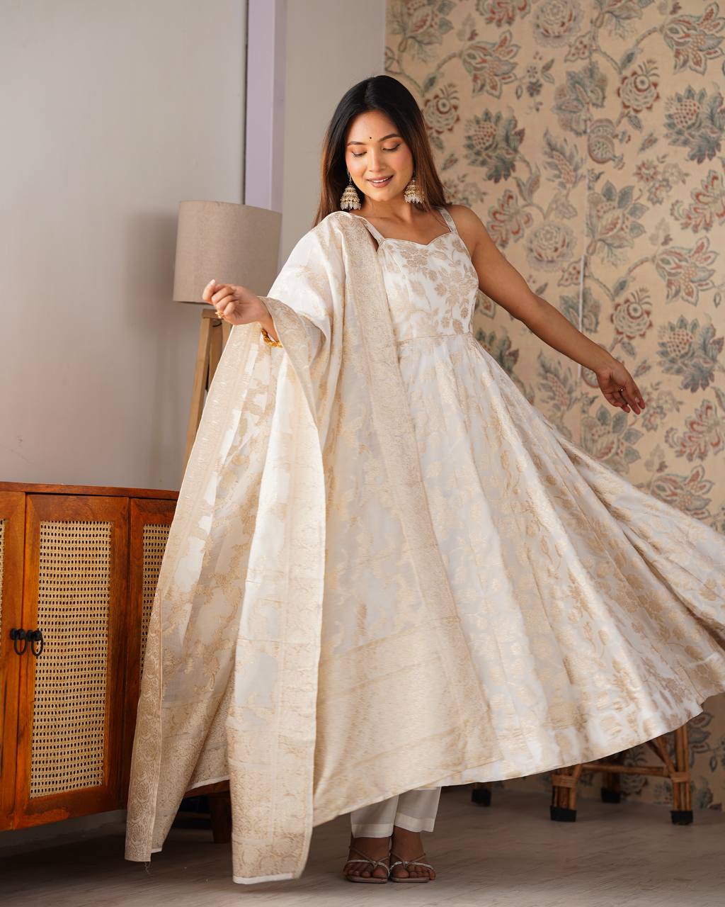 Fancy Banarasi Jackquard Dola Silk Anarkali Gown Set