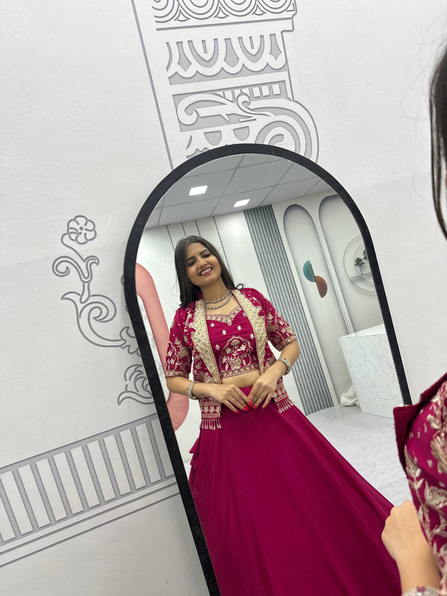 Designer Chinon Crop Top Lehenga Set with Heavy Embroidery Jacket