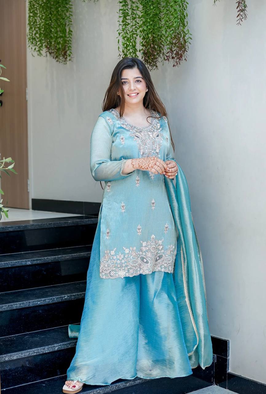 Elegant Heavy Embroidered Satin Suit Set for Women