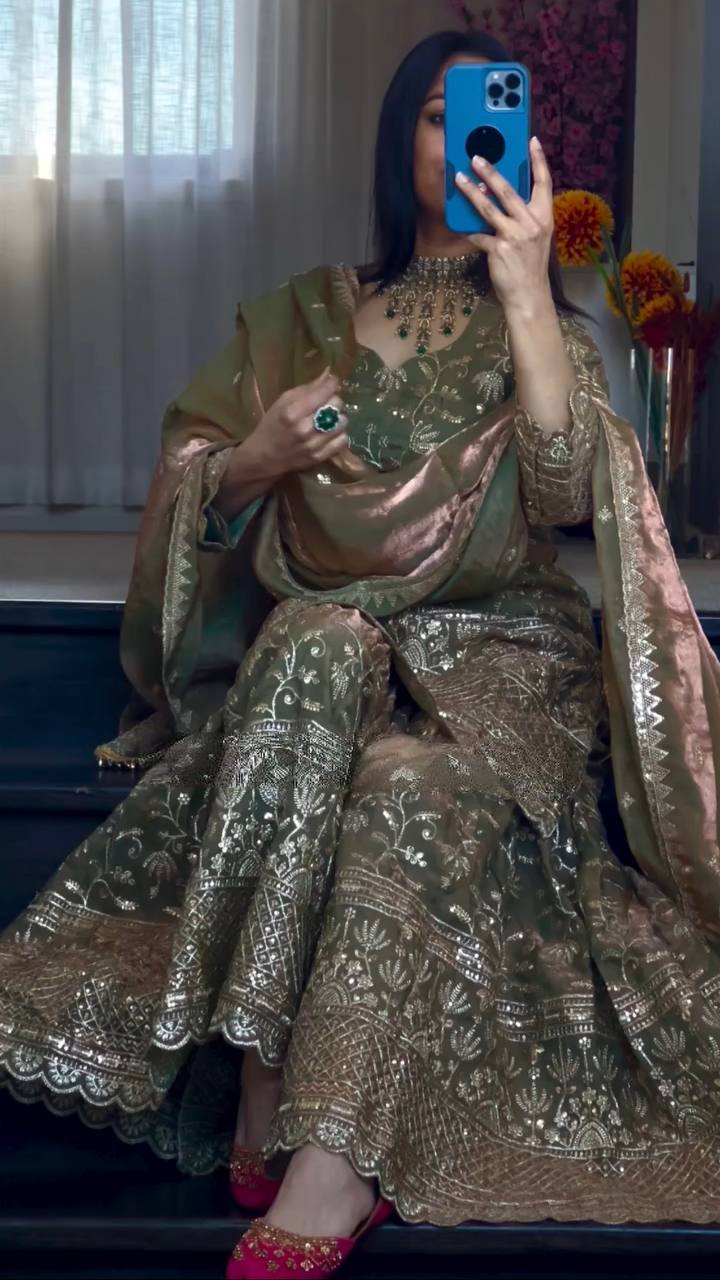 Designer Sequins Embroidered Sharara Suit with Dupatta for Women