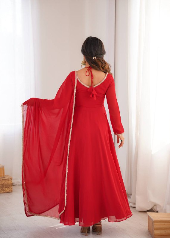 Premium Designer Fox Georgette Long Gown with Rich Flare & Lace Dupatta