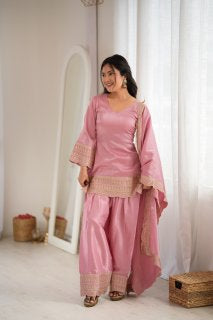 Glass Roman Silk Embroidered Farshi Salwar Suit Set with Dupatta for Women