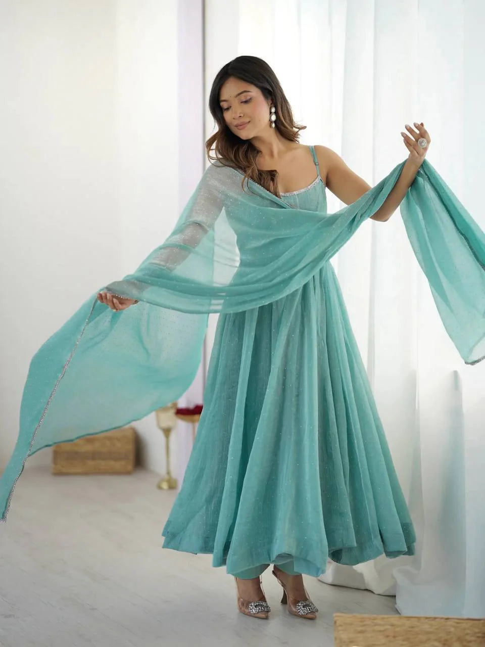 Women’s Crunchy Silk Anarkali Suit Set with Swarovski Work & Lace Border Dupatta