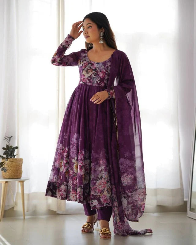 Pure Soft Organza Silk Fully Flared Kali Cut Anarkali Suit Set with Dupatta & Pant