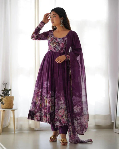 Pure Soft Organza Silk Fully Flared Kali Cut Anarkali Suit Set with Dupatta & Pant