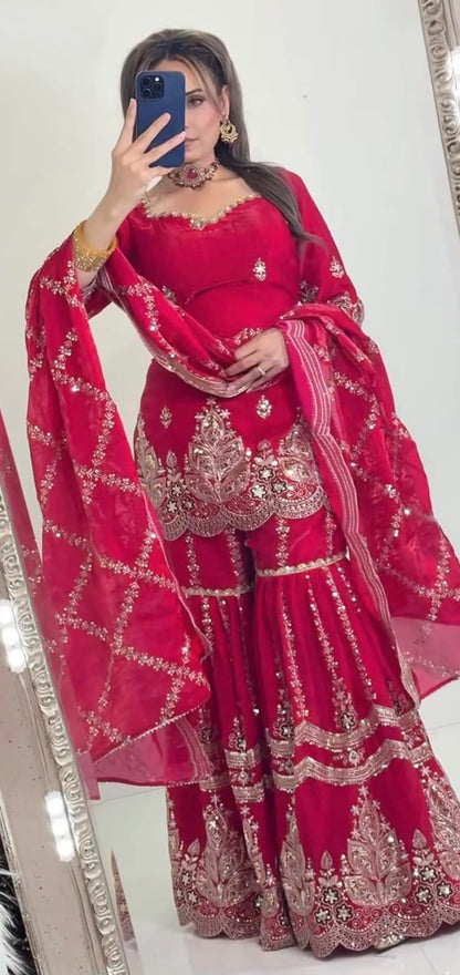 Mustard Designer Sharara Suit Set | Heavy Fandy Crush with 5mm Sequin & Embroidery Work