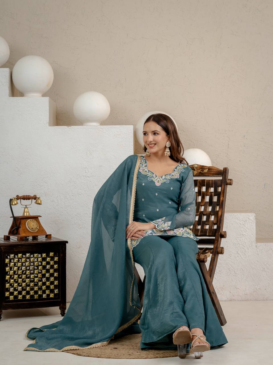 Heavy Crunchy Silk Embroidered Kurta Set with Palazzo & Dupatta
