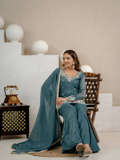 Heavy Crunchy Silk Embroidered Kurta Set with Palazzo & Dupatta