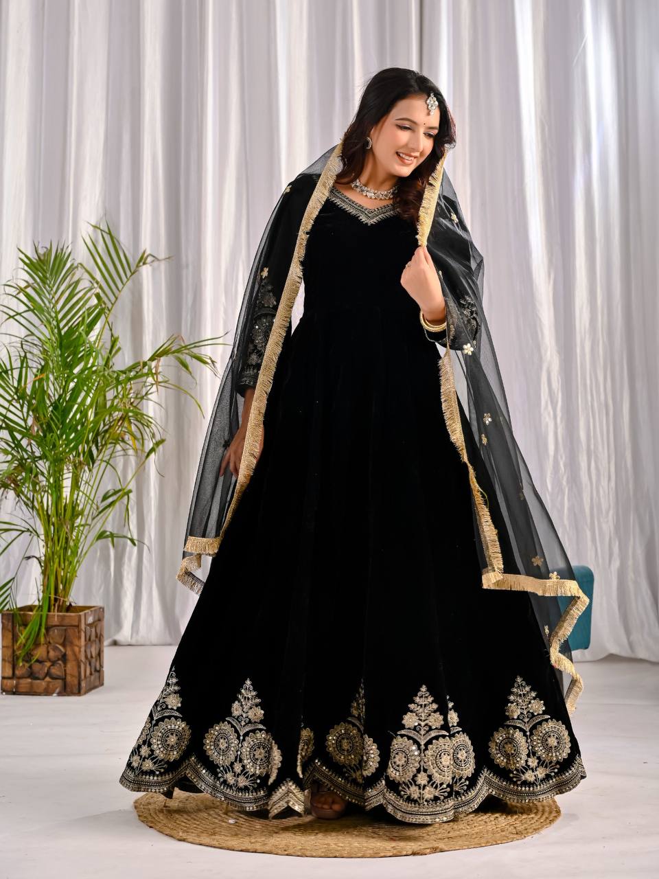 Royal Party Wear Velvet Anarkali Suit with Embroidered Net Dupatta