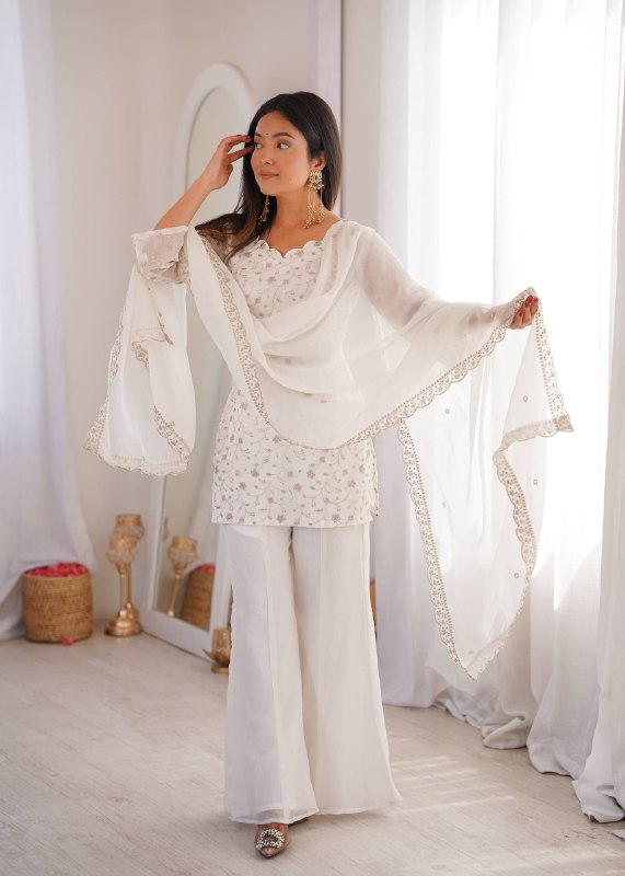 Designer Crunchy Silk Kurta Bell Bottom Set With Embroidery Sequence & Zari Work Dupatta