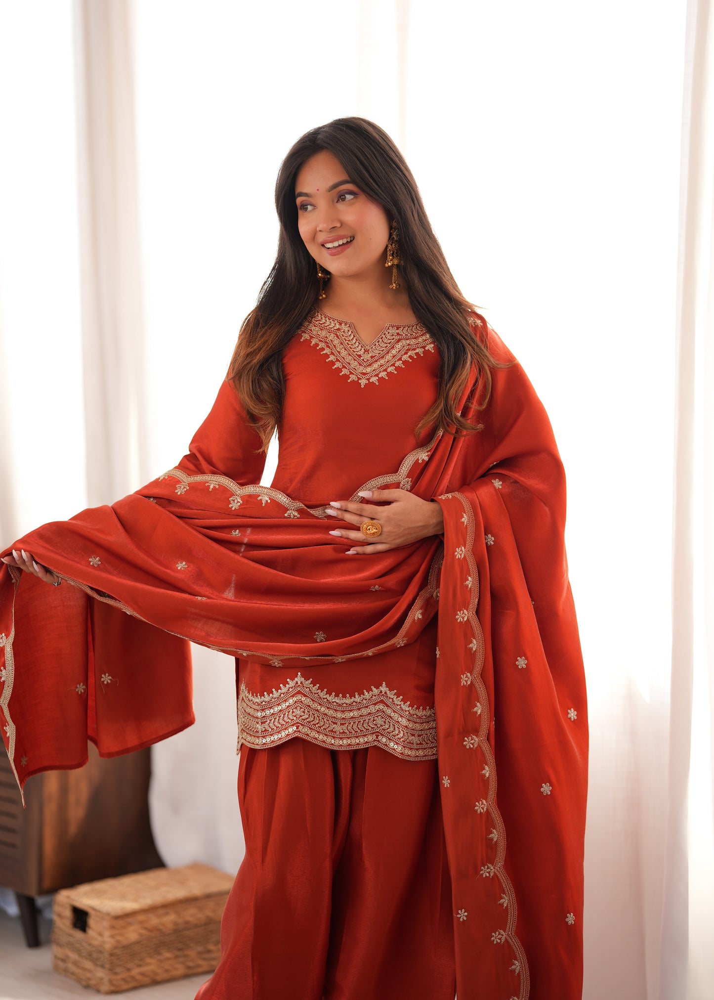 Designer Party Wear Farshi Suit Set | Glass Roman Silk | Ready to Wear