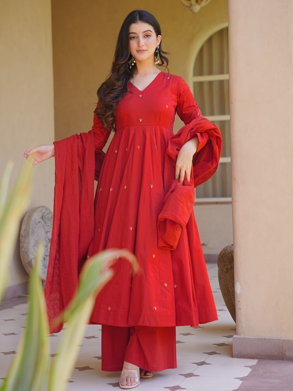 Heavy Roman Silk Embroidered Anarkali Kurta Set with Palazzo & Chanderi Silk Dupatta
