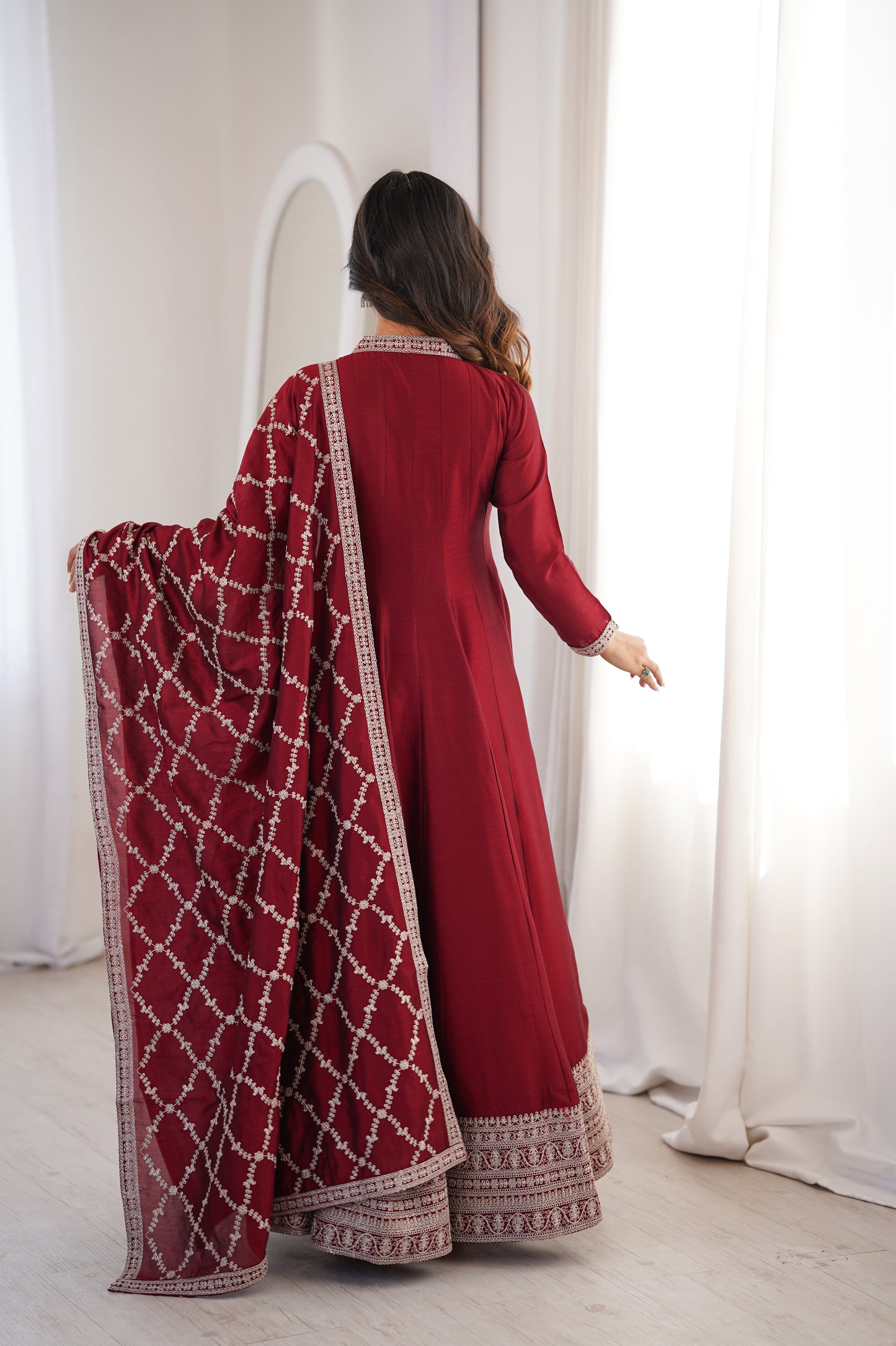 Royal Blooming Vichitra Silk Full Kali Anarkali Gown Set
