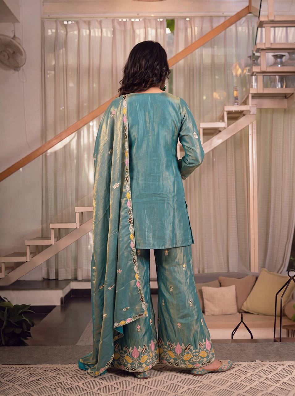 Premium Sindoori Satin Silk Embroidered Palazzo Suit Set for Women