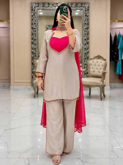 Women's Roman Glass Silk Mirror Work Kurta Palazzo Set with Bustier & Fendy Silk Dupatta