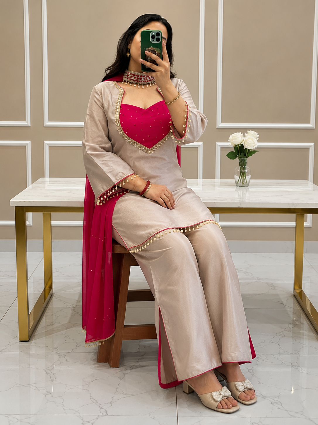 Women's Roman Glass Silk Mirror Work Kurta Palazzo Set with Bustier & Fendy Silk Dupatta