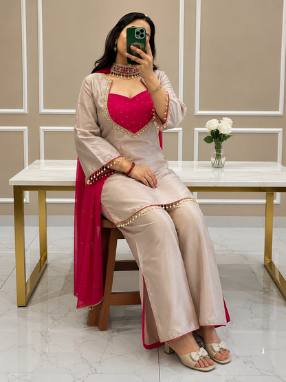 Women's Roman Glass Silk Mirror Work Kurta Palazzo Set with Bustier & Fendy Silk Dupatta