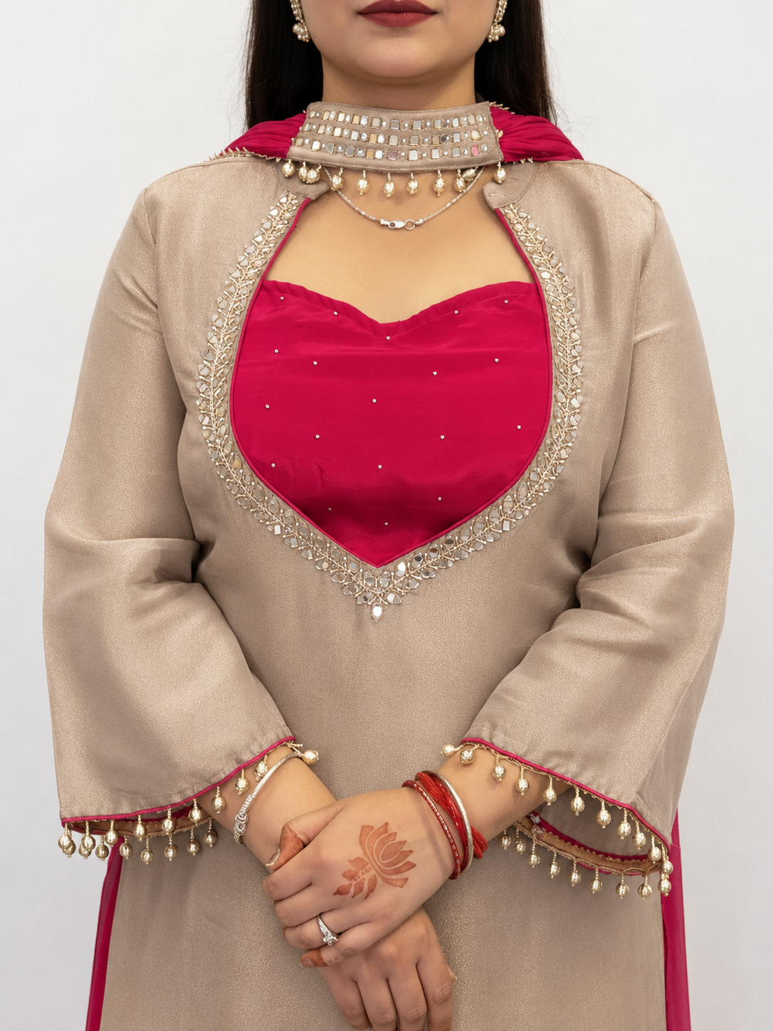 Women's Roman Glass Silk Mirror Work Kurta Palazzo Set with Bustier & Fendy Silk Dupatta