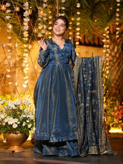 Premium heavy silk Anarkali suit with plazzo and embroidered dupatta Fully stitched, elegant festive & wedding wear outfit with rich flare and comfortable fitting.