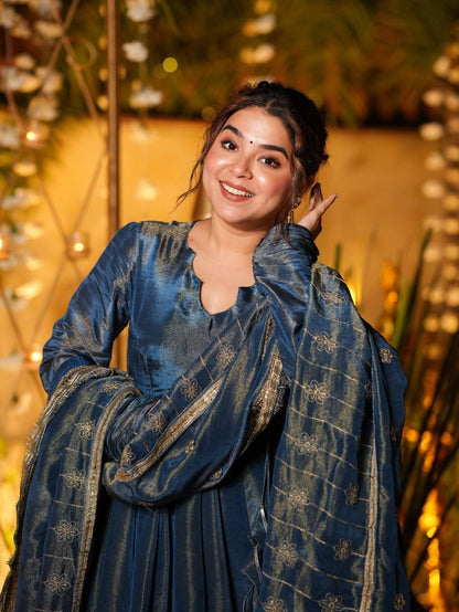 Premium heavy silk Anarkali suit with plazzo and embroidered dupatta Fully stitched, elegant festive & wedding wear outfit with rich flare and comfortable fitting.