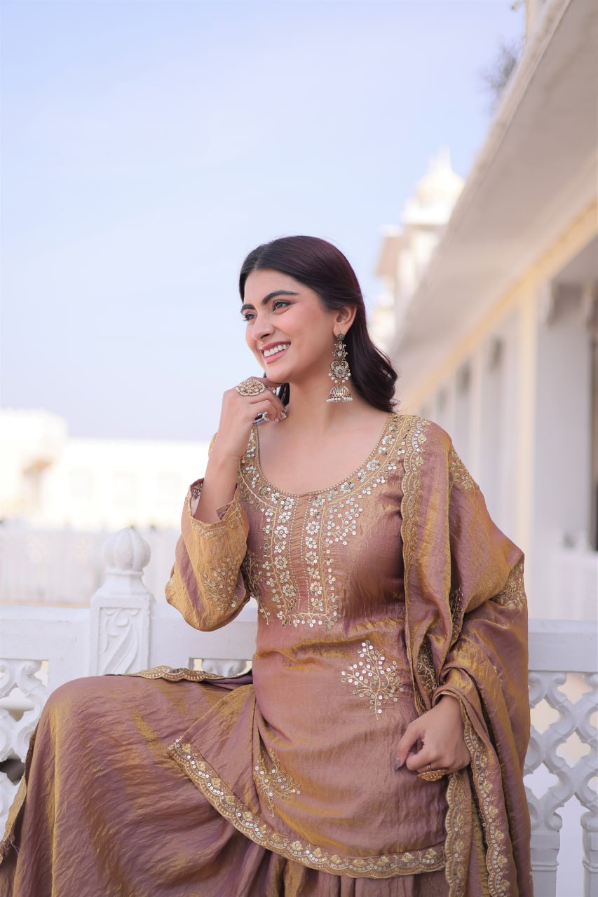 Fendi crush kurti sharara set with zari sequins embroidery front view