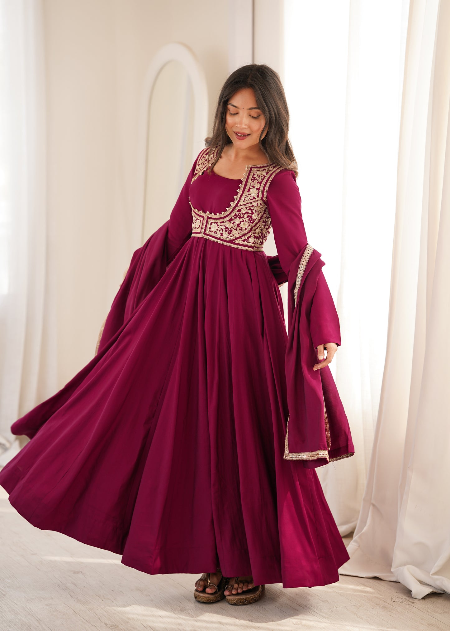 Heavy Pure Roman Silk Chanderi Anarkali Gown with Fancy Jacket, Pant & Embroidered Dupatta
