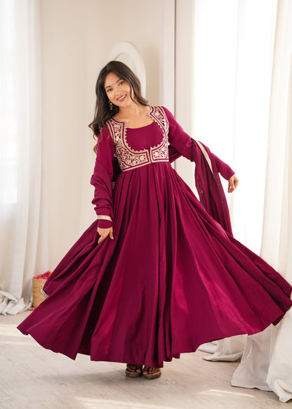 Heavy Pure Roman Silk Chanderi Anarkali Gown with Fancy Jacket, Pant & Embroidered Dupatta