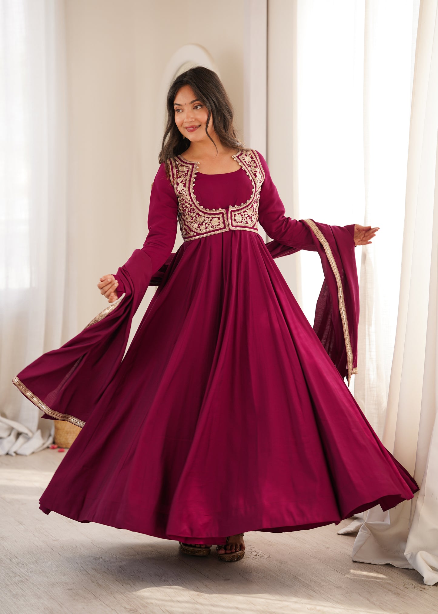 Heavy Pure Roman Silk Chanderi Anarkali Gown with Fancy Jacket, Pant & Embroidered Dupatta