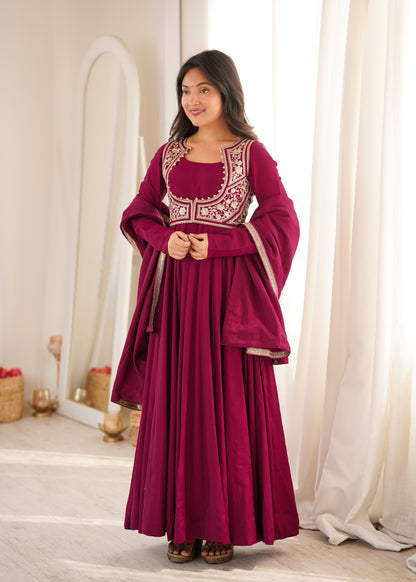 Heavy Pure Roman Silk Chanderi Anarkali Gown with Fancy Jacket, Pant & Embroidered Dupatta