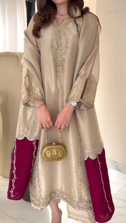 Designer Pure Gmy Silk Embroidered Kurta Palazzo Set with Dupatta