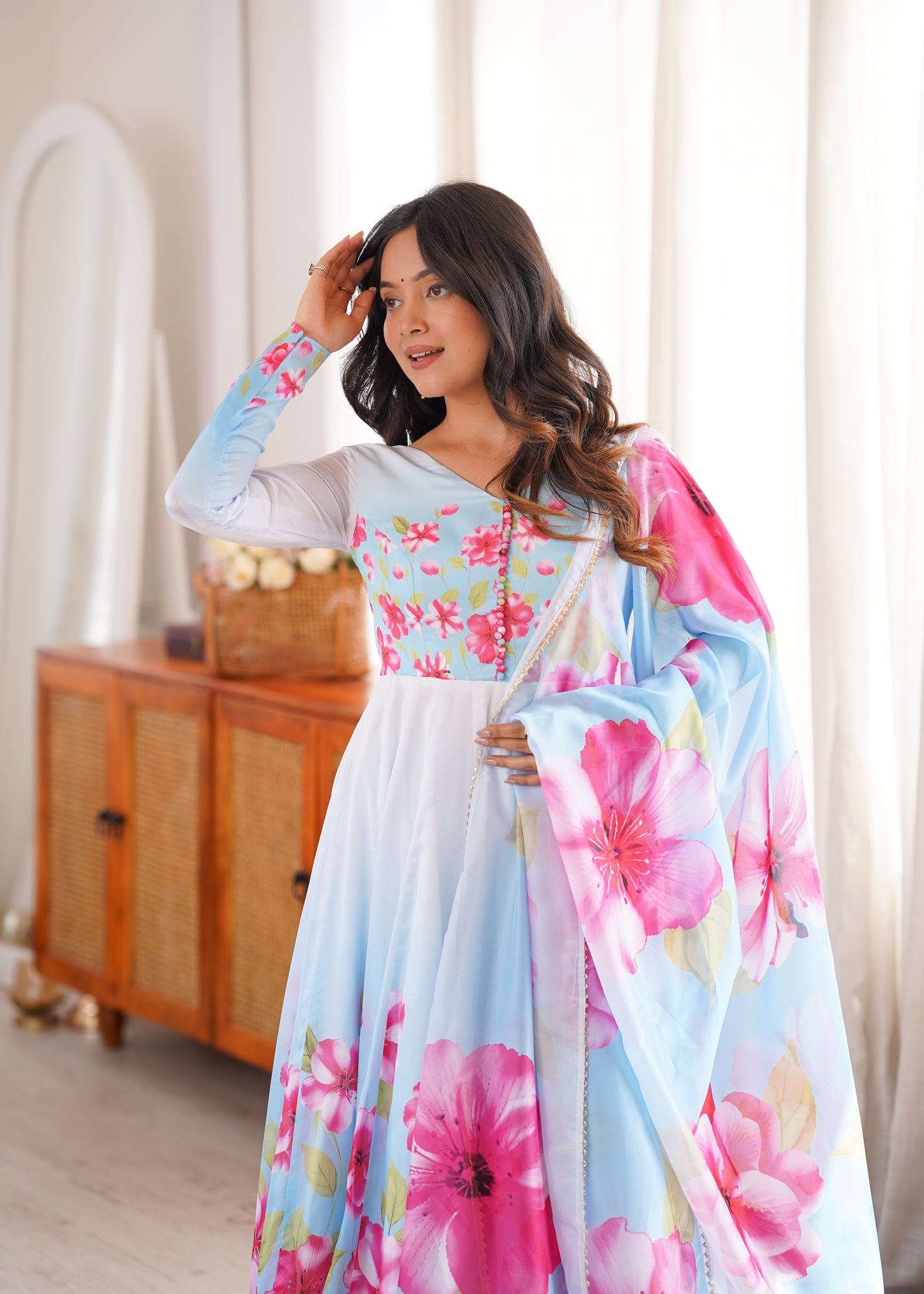 Heavy Organza Silk Floral Print Anarkali Suit with Dupatta & Pant