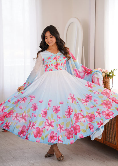Heavy Organza Silk Floral Print Anarkali Suit with Dupatta & Pant