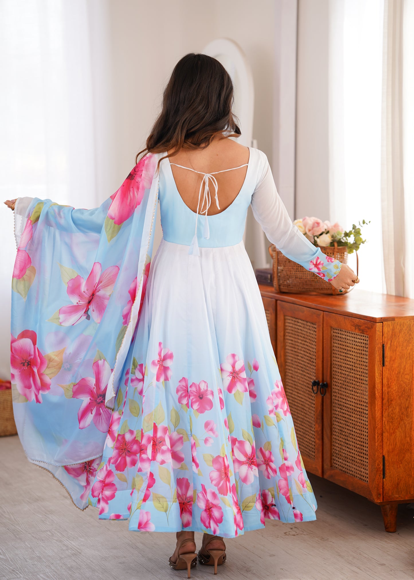 Heavy Organza Silk Floral Print Anarkali Suit with Dupatta & Pant