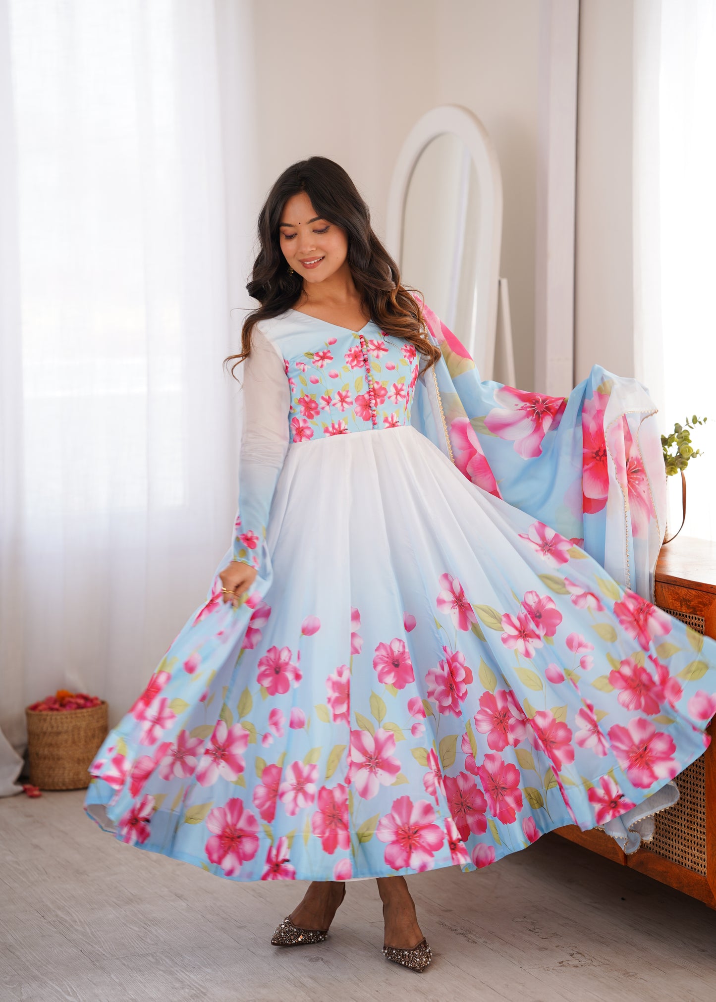Heavy Organza Silk Floral Print Anarkali Suit with Dupatta & Pant