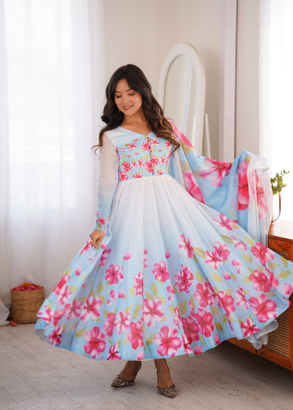 Heavy Organza Silk Floral Print Anarkali Suit with Dupatta & Pant