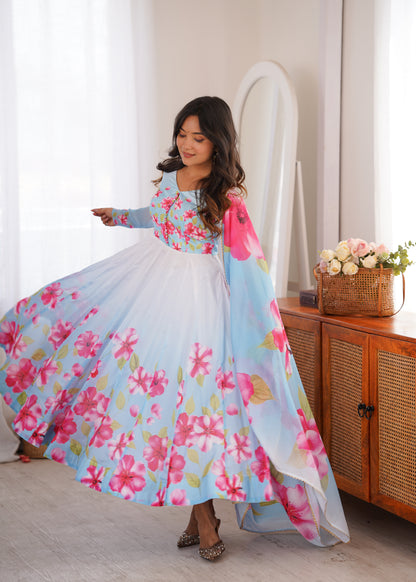 Heavy Organza Silk Floral Print Anarkali Suit with Dupatta & Pant