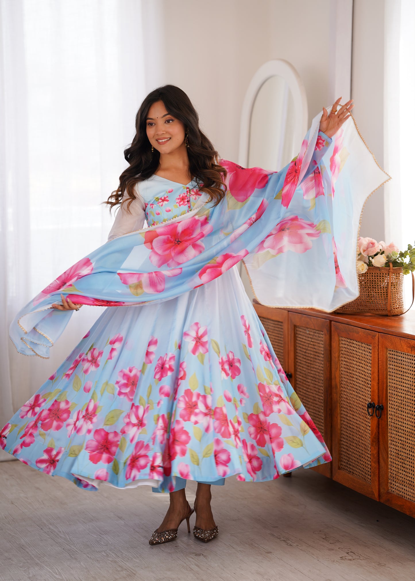 Heavy Organza Silk Floral Print Anarkali Suit with Dupatta & Pant