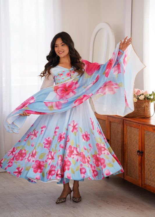 Heavy Organza Silk Floral Print Anarkali Suit with Dupatta & Pant
