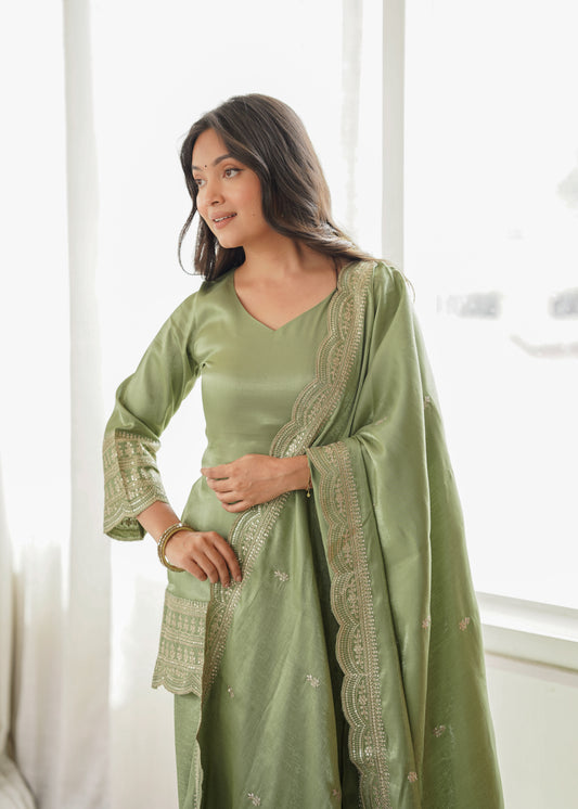 Glass Roman Silk Embroidered Farshi Salwar Suit Set with Dupatta for Women
