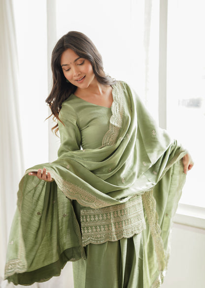 Glass Roman Silk Embroidered Farshi Salwar Suit Set with Dupatta for Women