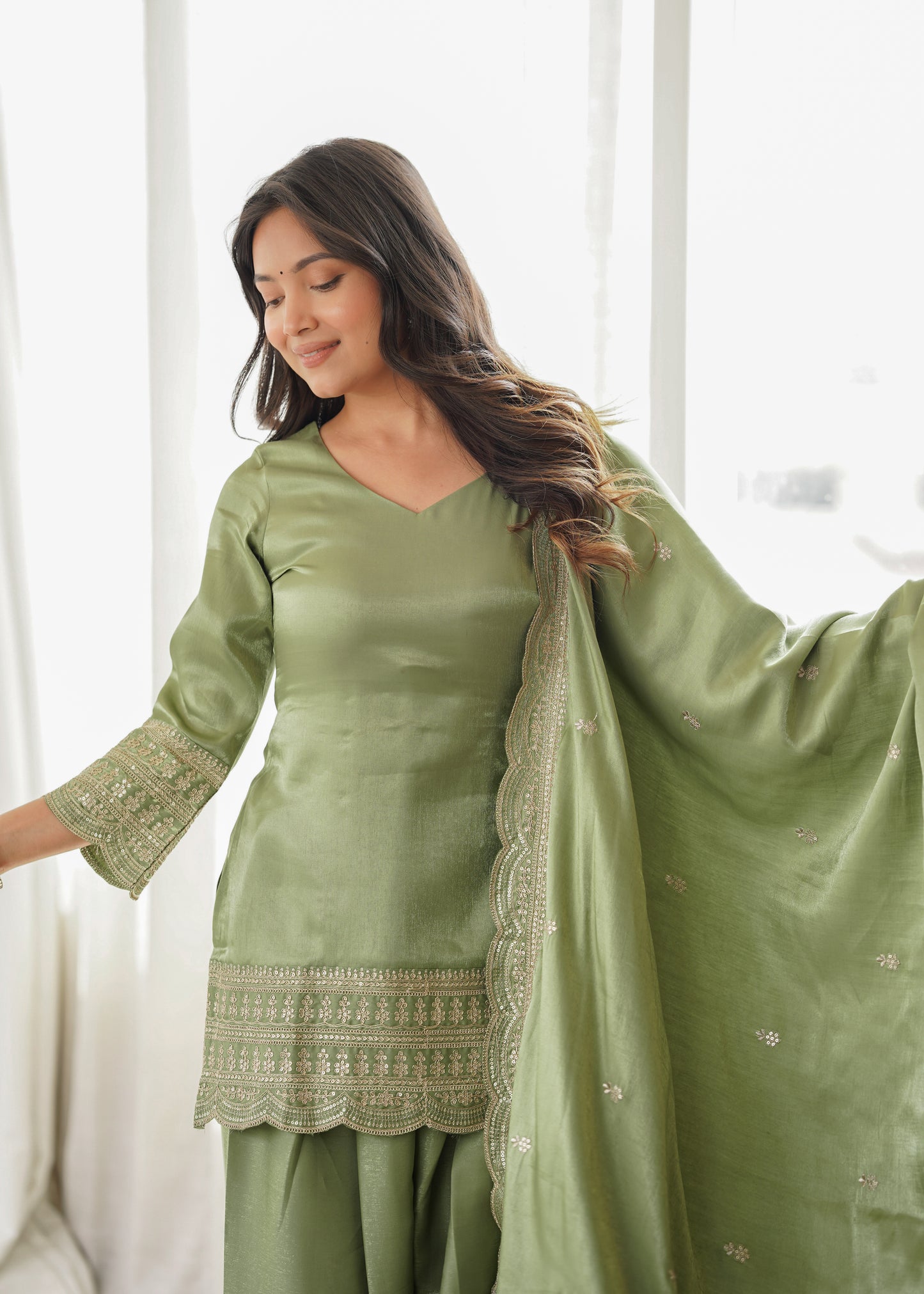 Glass Roman Silk Embroidered Farshi Salwar Suit Set with Dupatta for Women