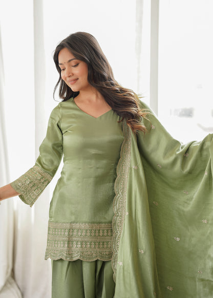 Glass Roman Silk Embroidered Farshi Salwar Suit Set with Dupatta for Women