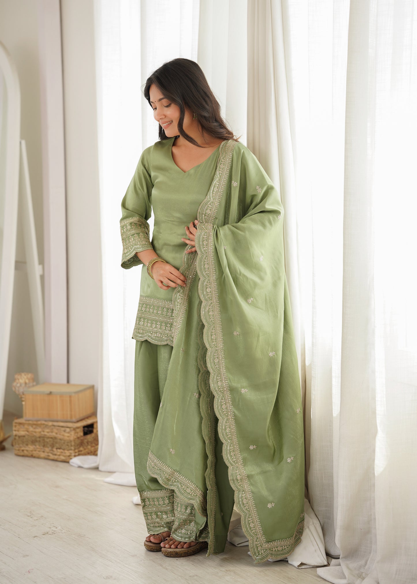 Glass Roman Silk Embroidered Farshi Salwar Suit Set with Dupatta for Women