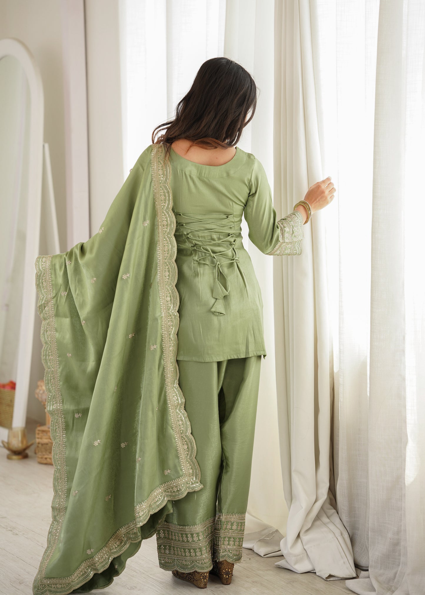 Glass Roman Silk Embroidered Farshi Salwar Suit Set with Dupatta for Women