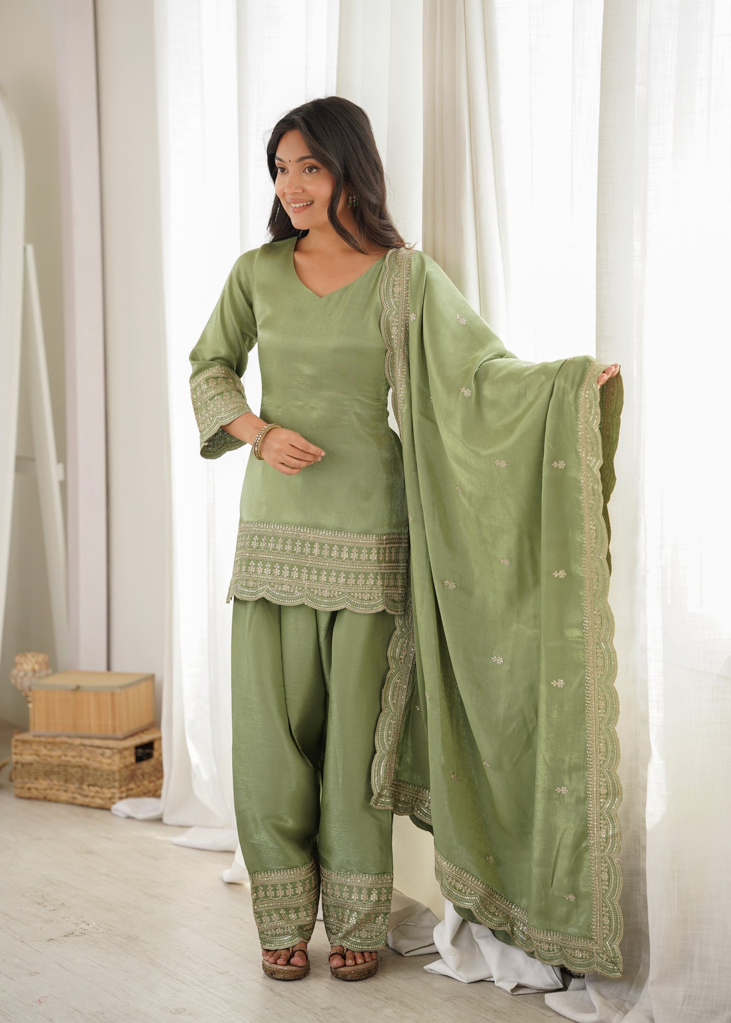 Glass Roman Silk Embroidered Farshi Salwar Suit Set with Dupatta for Women